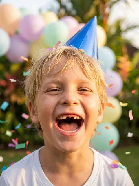 Boy with a gap-toothed smile in a blue party hat laughing at a Bali birthday party