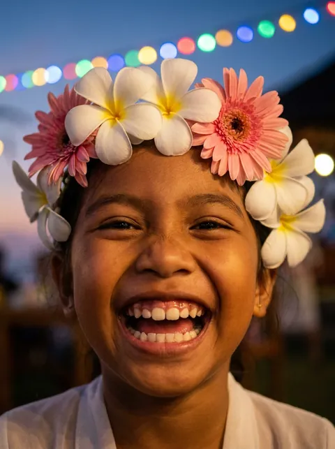 Balinese girl in a frangipani flower crown laughing at a kids party in Bali