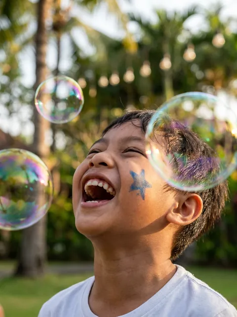 Boy with star face paint laughing at soap bubbles at a Bali kids party