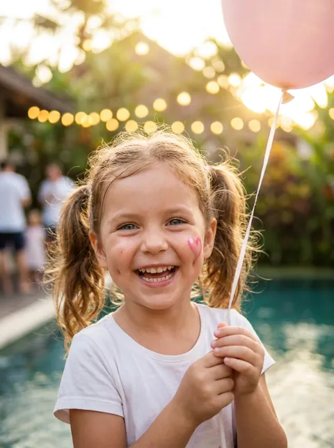Girl with pigtails and heart face paint holding a balloon at a Bali party