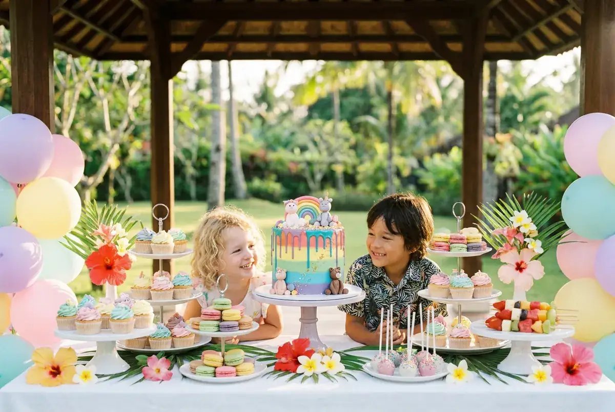 Kids birthday cake and sweets table with rainbow cake, cupcakes and macarons in Bali