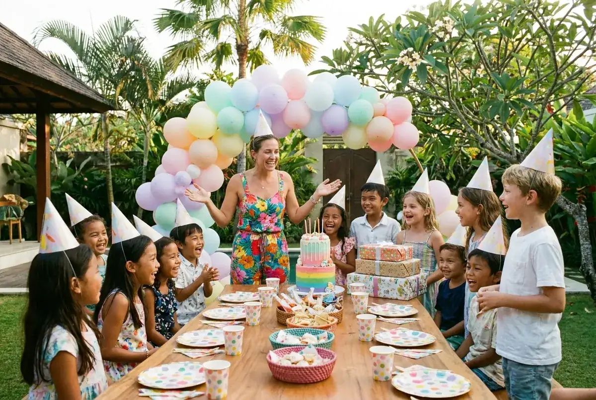 Party host and happy kids at a fully organised birthday party in a Bali villa garden