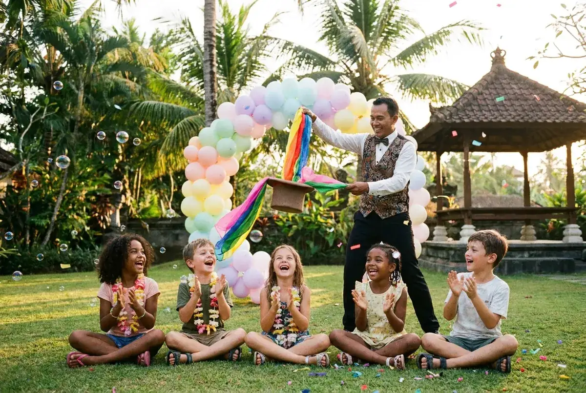 Magician pulling rainbow scarves from a hat for laughing kids at a Bali party