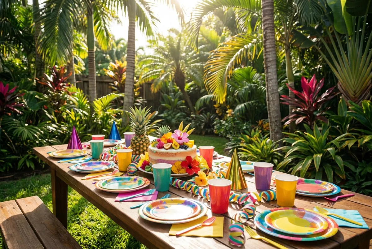 Themed kids birthday party table fully set up by BaliKidsParty at a Bali villa