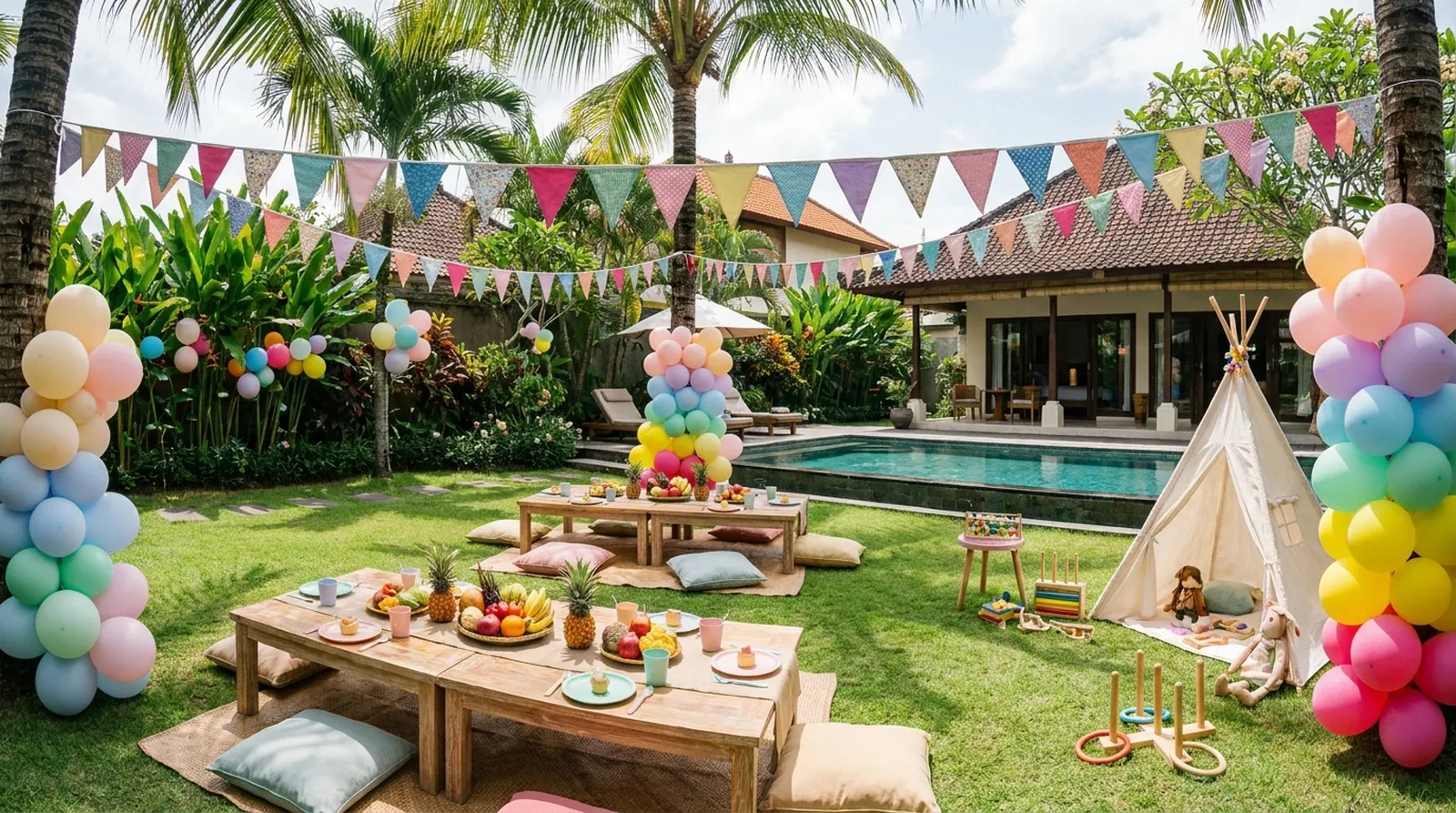 Kids birthday party set up in a Bali villa garden with balloons and party tables