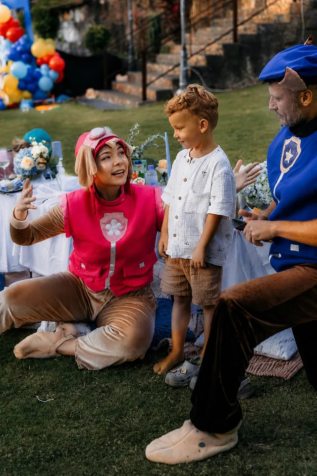 Paw Patrol characters playing with a boy at a Bali birthday party