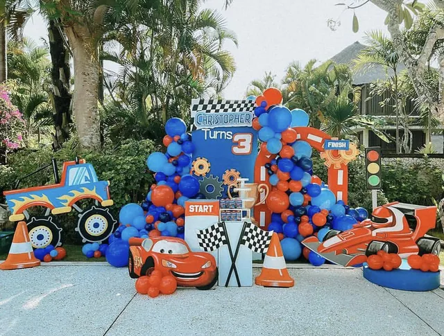 Racing cars balloon decor for a 3rd birthday party in Bali