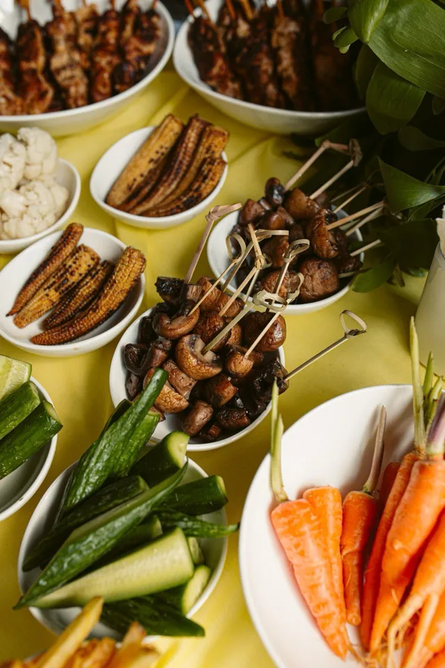 Grilled skewers and vegetable plates from our party catering