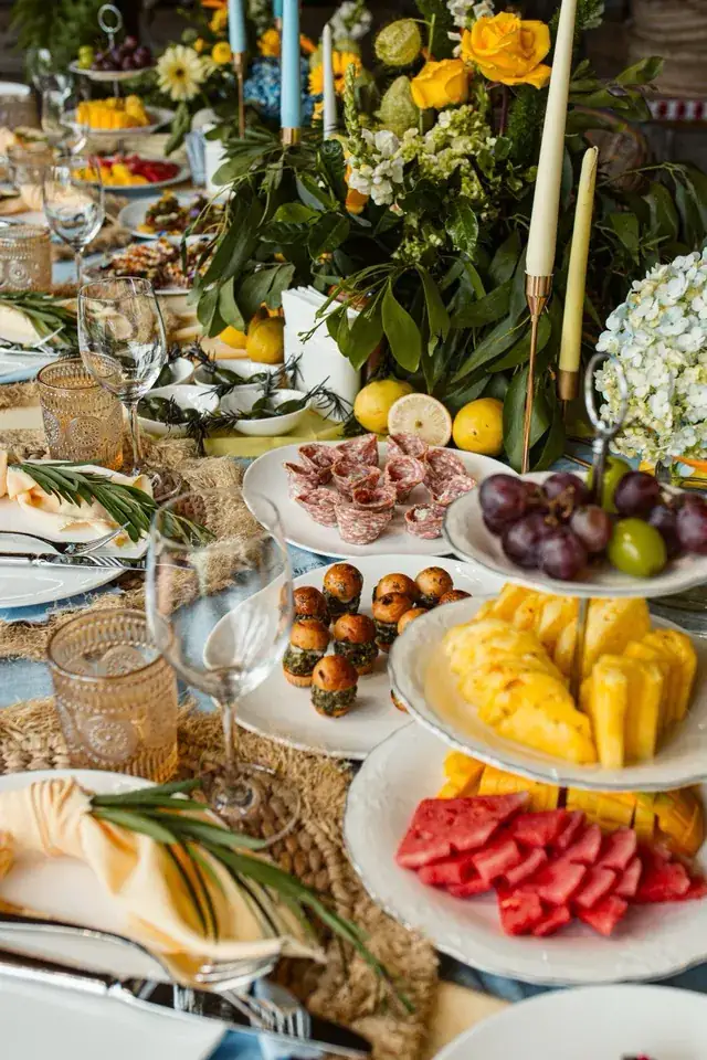 Party buffet with fresh fruit and snacks in Bali