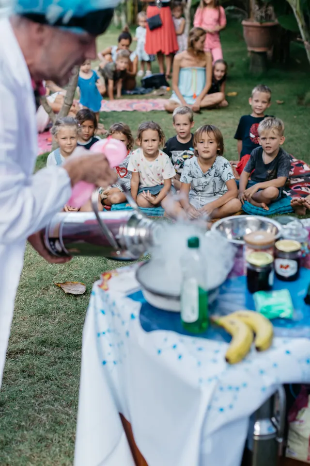 Mad science show with liquid nitrogen at a kids party in Bali