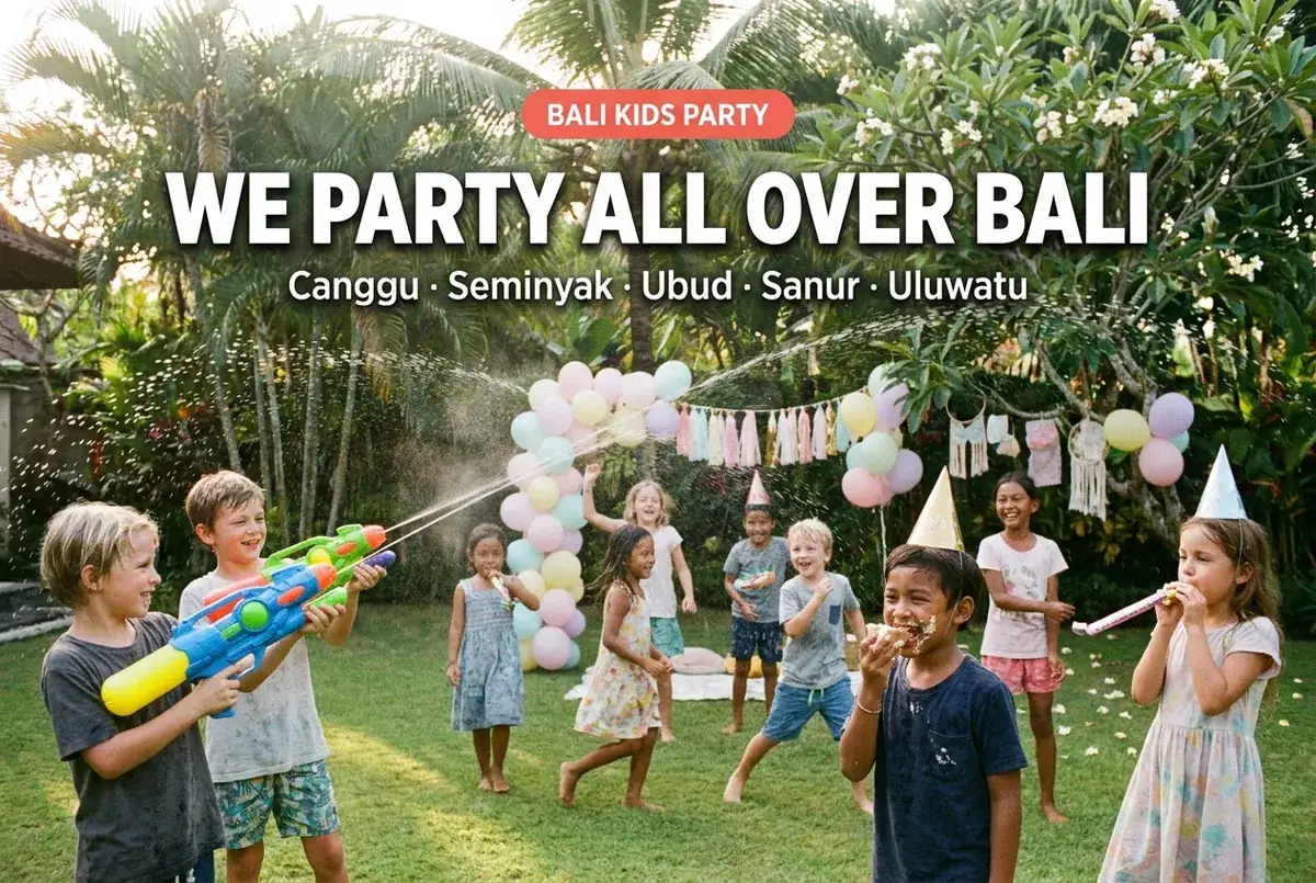 Bali Kids Party — kids with water guns, party hats and birthday cake celebrating across Canggu, Seminyak, Ubud, Sanur and Uluwatu